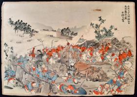 cca XX eleje Távol-keleti (kínai ?) csatajelenet, színezett fametszet, sérült, 33x47 cm