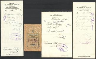 1931-1932 Felcsút, Dr. Csókás István 3 receptje, rajta Göllner Aurél bicskei gyógyszertáros pecsétjével, Göllner Aurél gyógyszertára az Őrangyal-hoz papírtasakkal (1911)