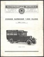 cca 1905-20 Automoblies Berliet francia gyártó omnibusz és teherautó prospektusa, össz 2 db: 1 db Chassis surbaisse 1500 kilogs Type V.H.S., 4p, enyhén szakadt, foltos. 1 db Véhicules de Grandes Dimensions sur Chassis CBI2, 8p, kis szakadással.