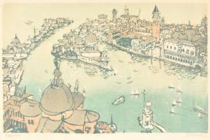 Olvashatatlan jelzéssel: Venedig (Velence madártávlatból), színes fametszet, papír, üvegezett fa keretben, 22,5x35,5 cm