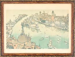 Olvashatatlan jelzéssel: Venedig (Velence madártávlatból), színes fametszet, papír, üvegezett fa ker...