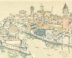 Olvashatatlan jelzéssel: Venedig (Velence madártávlatból), színes fametszet, papír, üvegezett fa ker...