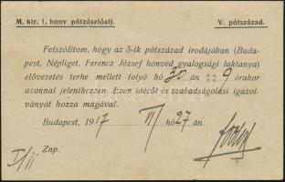 1917 M. kir. 1. honvéd pótzászlóalj idéző levél sorozásra