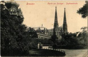 1909 Dresden, Partie am Zwinger - Sophienkirche / church, garden (EK)