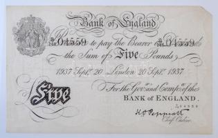 Nagy-Britannia 1937. 5Ł London a második világháborús Bernhard művelet hamis bankjegye T:III ly. / Great Britain 1937. 5 Pounds London fake banknote of Operation Bernhard in World War II C:F holes Krause 335.a