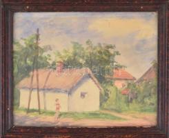 Jelzés nélkül: Bikinis hölgy a falusi utcán, akvarell, ceruza, papír, üvegezett fa keretben, 27x34,5...