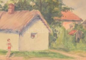 Jelzés nélkül: Bikinis hölgy a falusi utcán, akvarell, ceruza, papír, üvegezett fa keretben, 27x34,5...