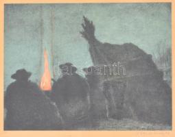 Barta Ernő (1878-1956): Juhászok a tűznél. Színes litográfia, papír, jelzett, üvegezett fa keretben, 19x25 cm