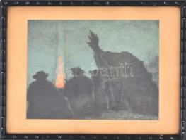 Barta Ernő (1878-1956): Juhászok a tűznél. Színes litográfia, papír, jelzett, üvegezett fa keretben,...