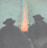 Barta Ernő (1878-1956): Juhászok a tűznél. Színes litográfia, papír, jelzett, üvegezett fa keretben,...