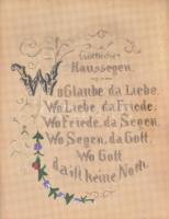 cca 1900 Házi áldás német nyelven (Göttlicher Haussegen, kézzel hímzett kép, üvegezett antik, enyhén...