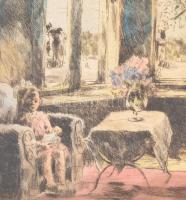 Imre István (1918 - 1983): Interieur (Kislány babával, háttérben a Hősök tere). Színezett rézkarc, p...
