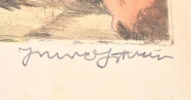 Imre István (1918 - 1983): Interieur (Kislány babával, háttérben a Hősök tere). Színezett rézkarc, p...