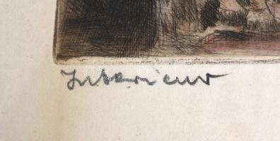 Imre István (1918 - 1983): Interieur (Kislány babával, háttérben a Hősök tere). Színezett rézkarc, p...