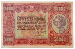 1923. 50.000K nyomdahely jelölés nélkül, piros sor- és sorozatszám E 114 020878 T:III / Hungary 1923. 50.000 Korona without printers mark, red serial E 114 020878 C:F Adamo K45