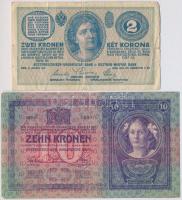 1914. 2K + 1904. 10K piros "MAGYARORSZÁG" körbélyegzővel T:III-,IV lyukas, szakadás