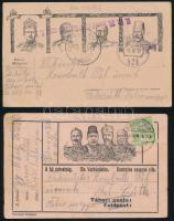 1916-1917 I. világháborúban harcoló honvéd tábori postái haza, 2 db, az egyiken M. Kir. 39. tábori tarackos ezred bélyegzéssel, a másikon Besztercebánya bélyegzéssel, hű szövetség grafikával.