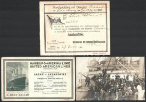 cca 1880-1910 Hajózással, tengerentúli kivándorlással kapcsolatos hirdetések, okmányok, fotók