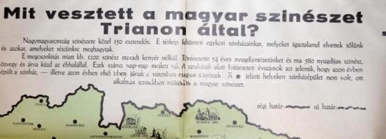 cca 1928 Mit vesztett a magyar szinészet Trianon által? Rajzolta: Abonyi Zoltán. Az adatokat Erődi J...