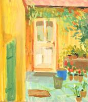 Ilosvai Varga jelzéssel: Kert. Vegyes technika, papír, sarkaiban  és szélein ragasztással, kisebb sz...