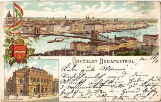 1908 Budapest, Lánchíd, Kir. Operaház. Magyar címer és zászló. Art Nouveau, litho (vágott / cut)