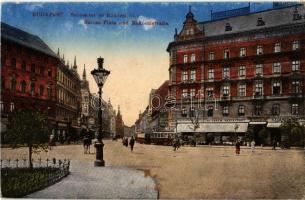 1918 Budapest VIII. Baross tér, Rákóczi út, villamos, Központi szálloda, étterem és kávéház