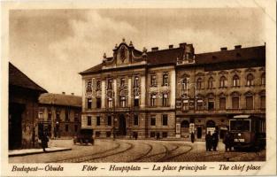 Budapest III. Óbuda, Fő tér, villamos, automobil, III. Kerületi Elöljáróság, vendéglő, Gebhard József üzlete