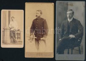 cca 1890-1910 Férfiportrék, 3 db keményhátú fotó, közte 2 db katonai, 10×6 és 16×8 cm közötti méretekben