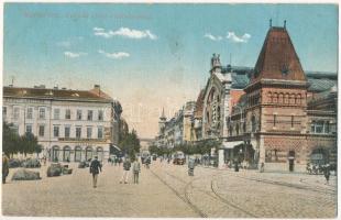 1914 Budapest IX. Vámház körút, Vásárcsarnok, villamosok, Koszorúszalag nyomda, Nádor szálloda és kávéház (ázott / wet damage)