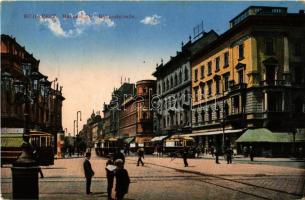 1915 Budapest VII. Rákóczi út, villamosok, Emke Kávéház (EK)