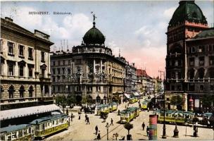 Budapest VIII. Rákóczi út, villamosok, Blaha Lujza tér, gyógyszertár, Emke Kávéház, villamosok