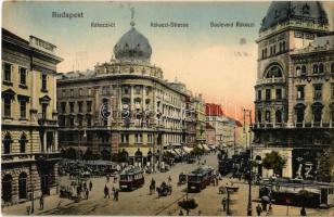 Budapest VIII. Rákóczi út, villamosok, Blaha Lujza tér, gyógyszertár, Emke Kávéház, Pesti Hazai Első Takarékpénztár (EK)