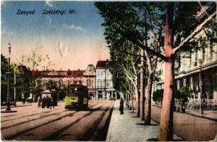 1924 Szeged, Széchenyi tér, villamos, Lányi János üzlete (szakadás / tear)