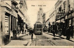 1921 Pécs, Király utca, villamos, üzletek, Kuppi Miklós férfi szabó (ázott sarok / wet corner)