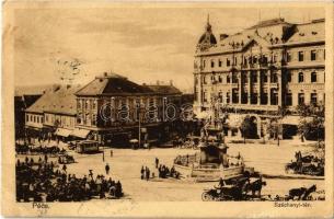 1914 Pécs, Széchenyi tér, takarékpénztár, villamos, Tauszig Ármin üzlete, piac (EK)