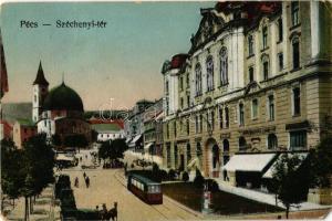 1922 Pécs, Széchenyi tér, villamos, drogéria, Vigan Károly üzlete (EM)