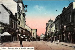 1914 Miskolc, Széchenyi utca, villamos, Weidlich palota, üzletek