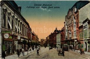 Miskolc, Széchenyi utca, villamos, Bank palota, műórás és ékszerész, üzletek