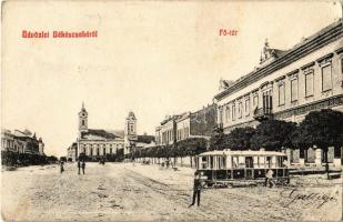 1907 Békéscsaba, Fő tér, motor, városi vasút, kisvasút, Evangélikus templom, Népbank (EK)