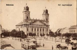 1918 Debrecen, református nagytemplom, villamosok, piac, építkezés. Vasúti Levelezőlapárusítás 2920.