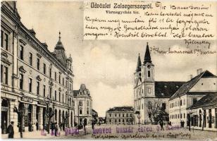 1907 Zalaegerszeg, Vármegyeház tér, templom, könyvnyomda, Gyarmati Vilmos üzlete (EK)