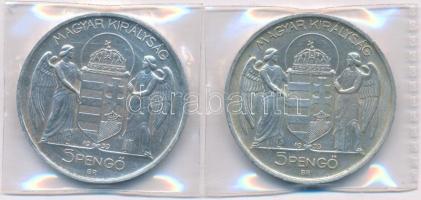 1939. 5P Ag (2x) "Horthy balra" lezárt fóliában T:1- kis patina ph. Adamo P8.2