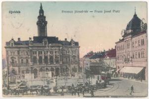 1913 Újvidék, Novi Sad; Ferenc József tér, városháza, lovashintók, villamos / square, town hall, horse chariots, tram (r)