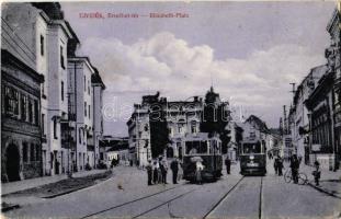 Újvidék, Novi Sad; Erzsébet tér, villamosok. Gyenicse Károlyné kiadása / square, trams