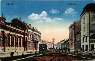 1917 Újvidék, Novi Sad; Petőffy utca, villamos, gyógyszertár. Vasúti levelezőlapárusítás 55. sz. 1916. / street, tram, pharmacy