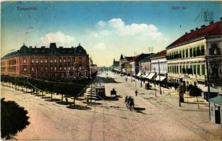 1915 Temesvár, Timisoara; Küttl tér, villamos, sörcsarnok. Vasúti Levelezőlapárusítás 45. sz. 1915. / square, tram, beer hall (ázott / wet damage)