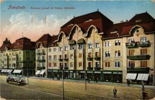 Temesvár, Timisoara; Ferenc József út, Palace kávéház, villamos / street, cafe, tram (lyuk / hole)