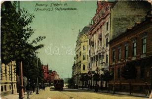 1912 Pozsony, Pressburg, Bratislava; Stefánia út, villamos / street, tram (kopott sarkak / worn corners)