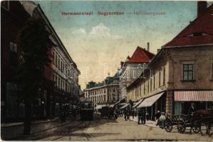 1918 Nagyszeben, Hermannstadt, Sibiu; Disznódi utca, villamos, Római császár szálló / Heltauergasse / street, hotel, stram (EK)