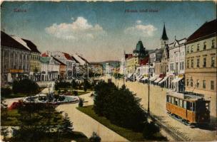 Kassa, Kosice; Fő utca, villamos, üzletek. Vasúti Levelezőlapok 61. sz. 1918 / main street, tram, shops